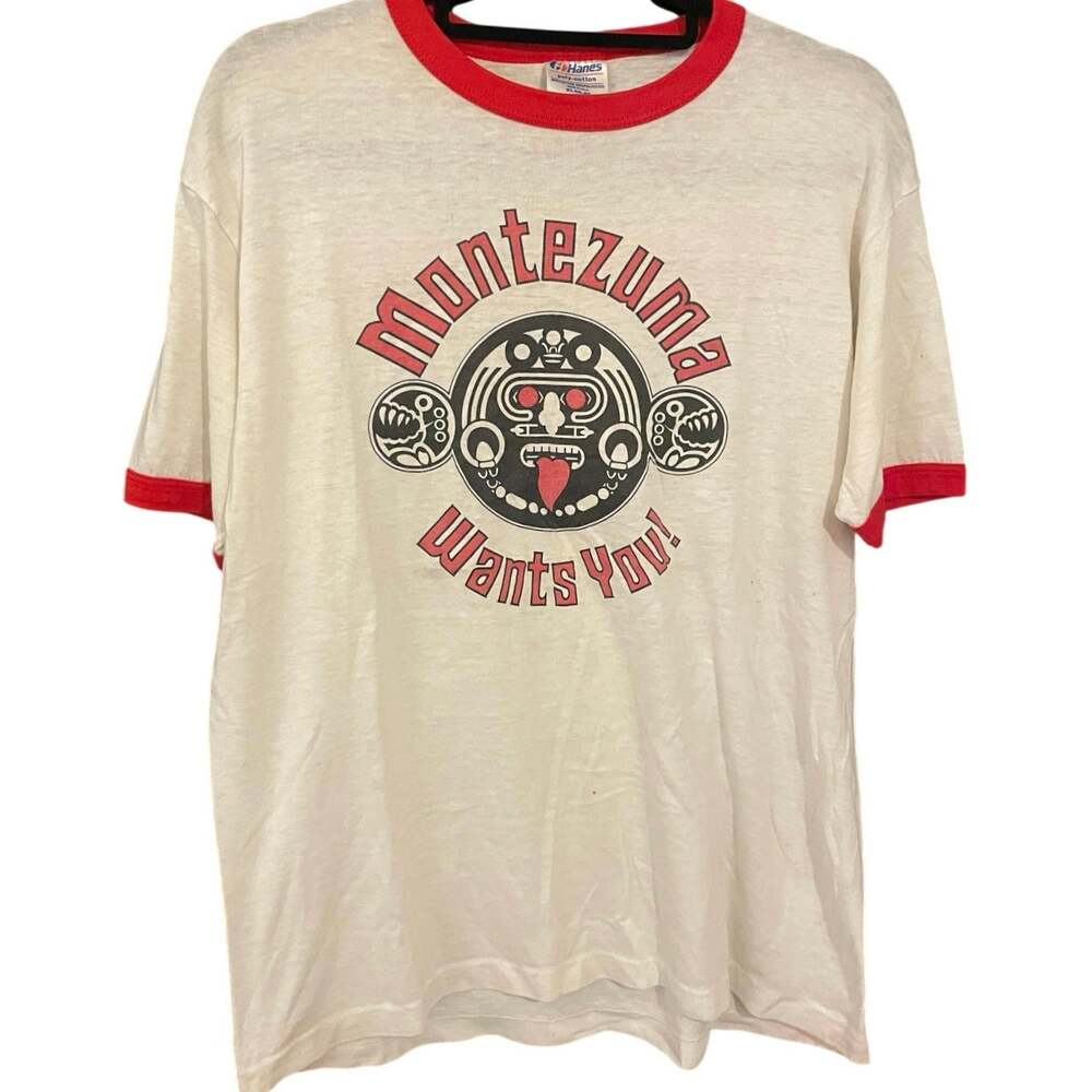 Vintage 80s Montezuma Wants You Tequila Promo Single Stitch Ringer Shirt XL